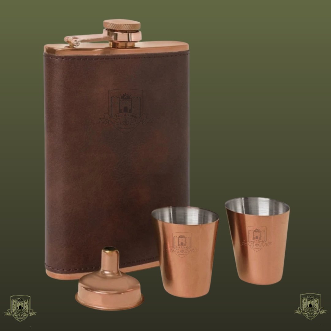 The Hunter’s Heart Copper Hip Flask Set with Funnel & Shot Cups